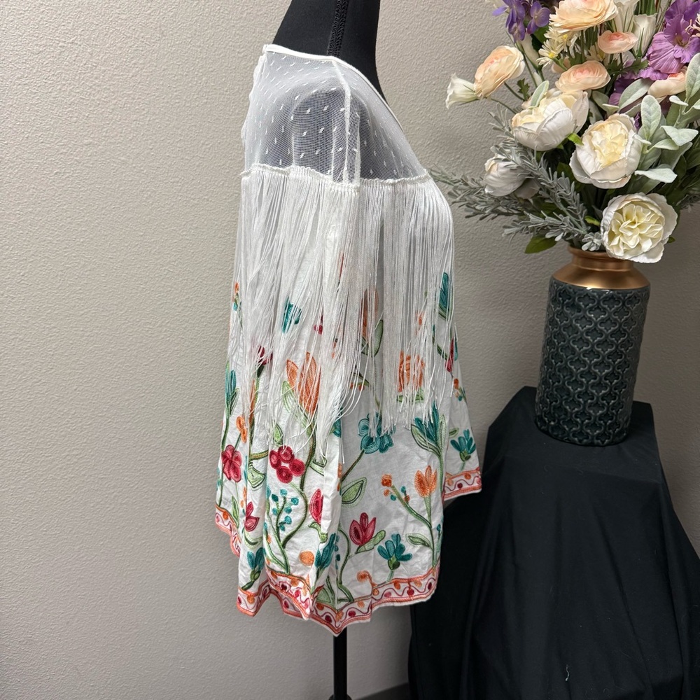 Radzoli Floral Embroidered Fringe Tunic Top Mesh Yoke Boho Chic White M - Picture 6 of 9